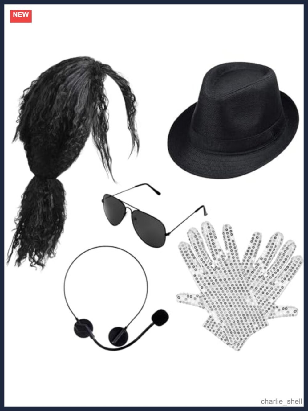 80s Pop Rockstar Costume Kit Curly Wig Sequin Gloves Sunglasses Performance